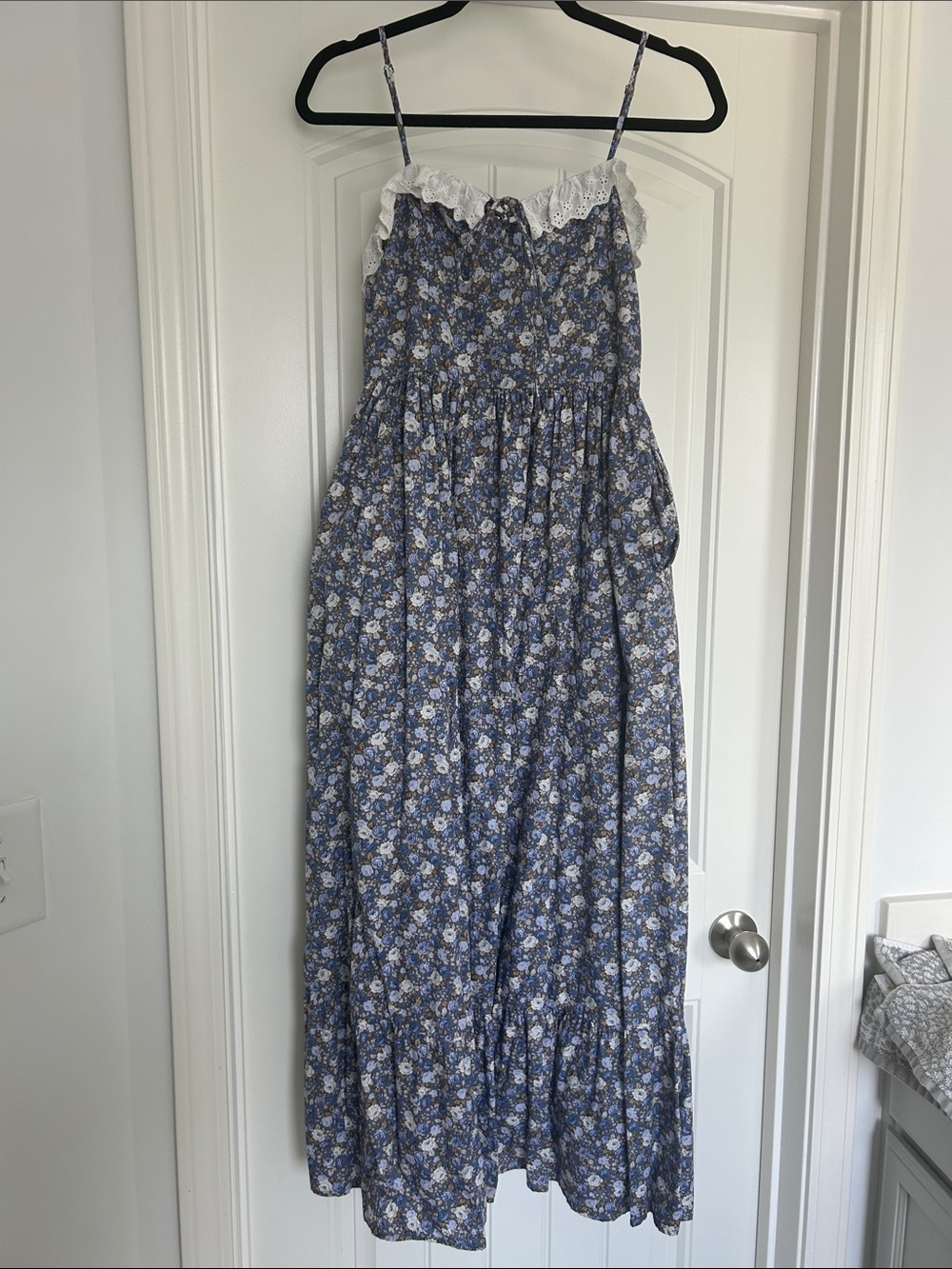 Blue Floral Midi Dress with Lace Trim
